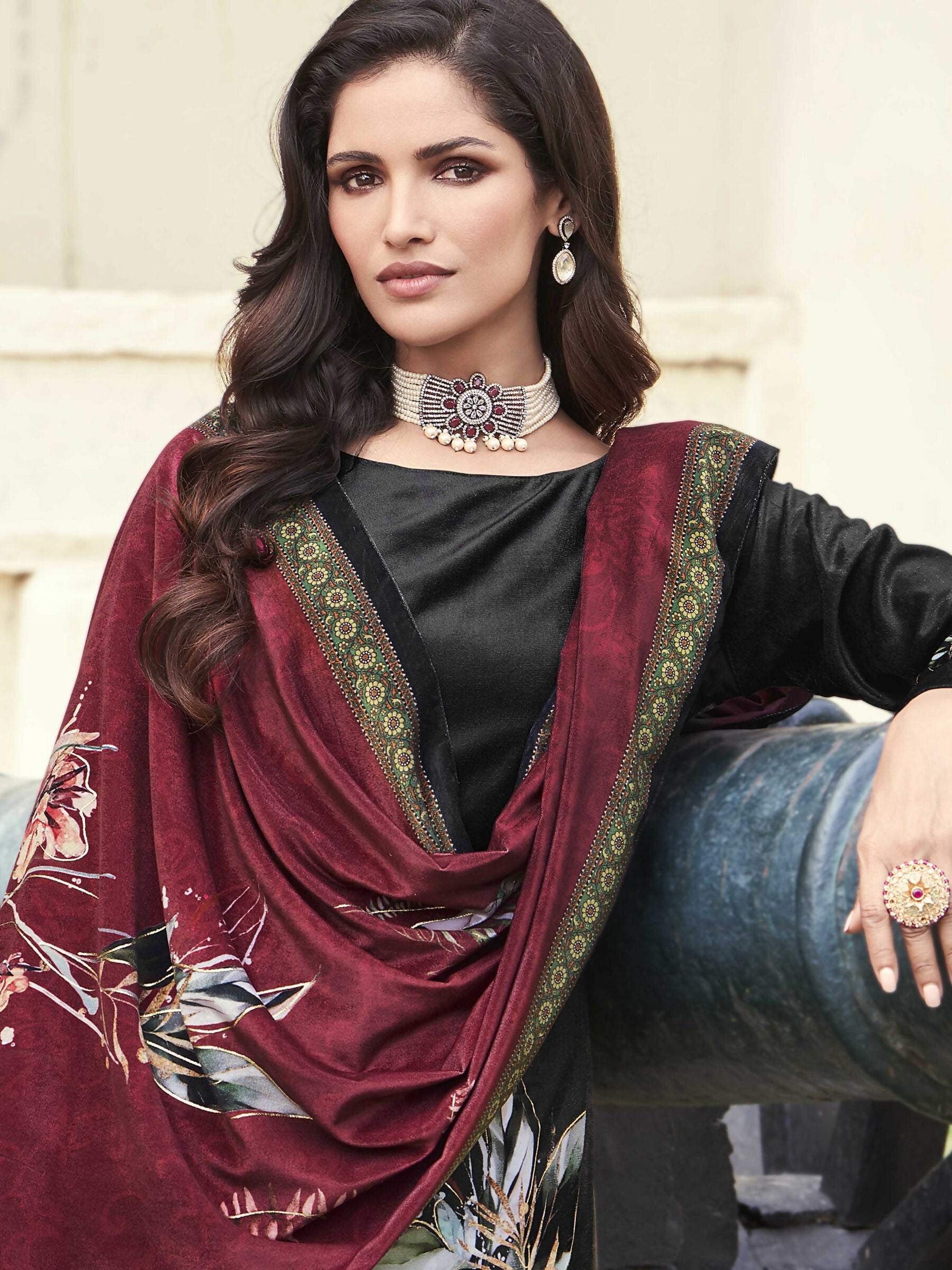 Jyoti Fashion Women's Black Velvet Floral Digital Printed Kurta with Trouser & Dupatta | Swadesiicart