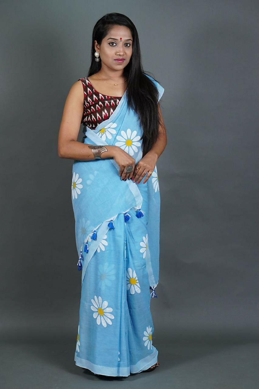 Exclusive Collection Sky Pure Cotton Saree With Sunflower Design - Swadesiicart