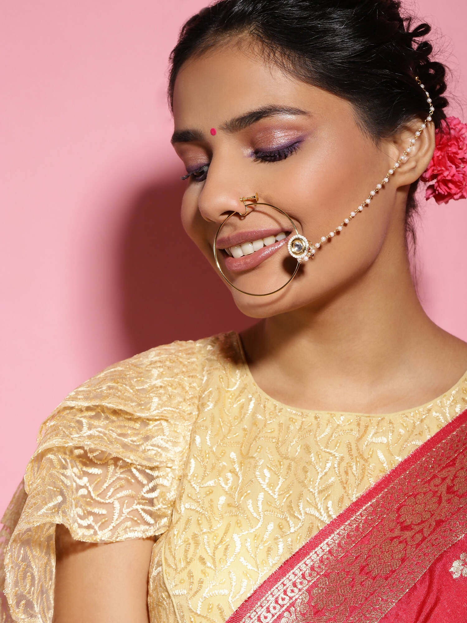Gold-Polished white kundan nosepin - Ruby Raang | Swadesiicart