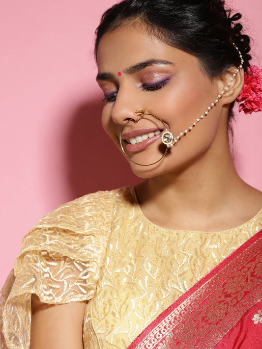 Gold-Polished white kundan nosepin - Ruby Raang | Swadesiicart