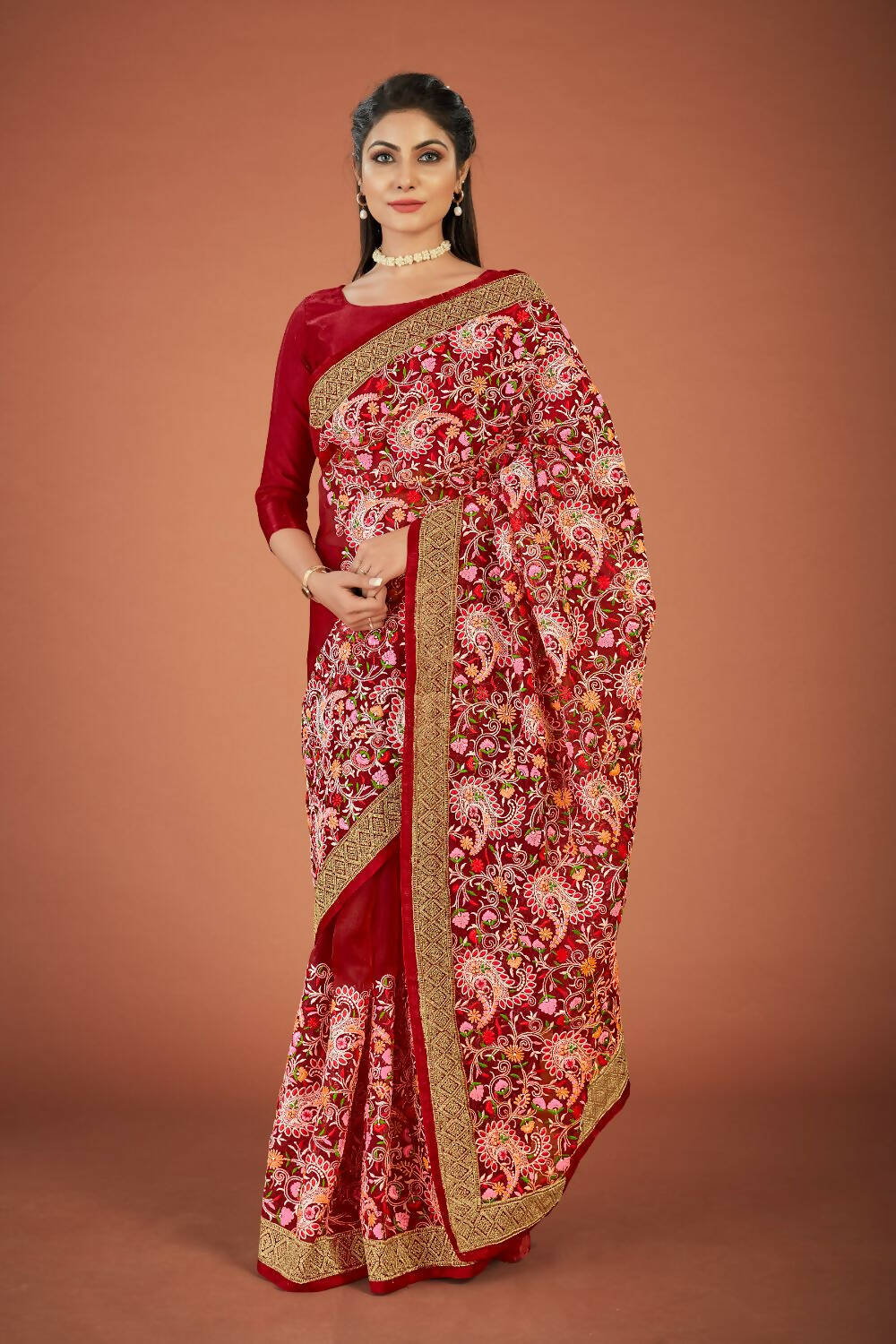Vamsee Maroon Organza Saree - Swadesiicart