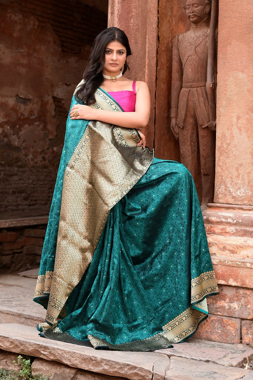 Joban Fashion Green Banarasi Katan Pure Handloom Banarasi Silk Saree | Swadesiicart