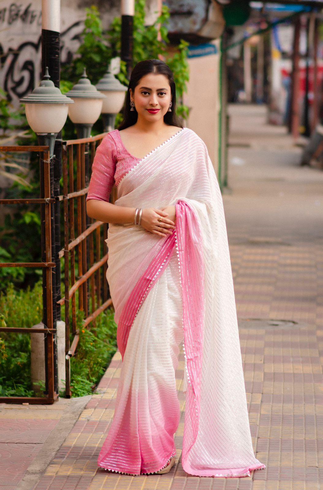 Pink Poly Chiffon Striped Saree with Unstitched Blouse - Hiral Fashion | Swadesiicart