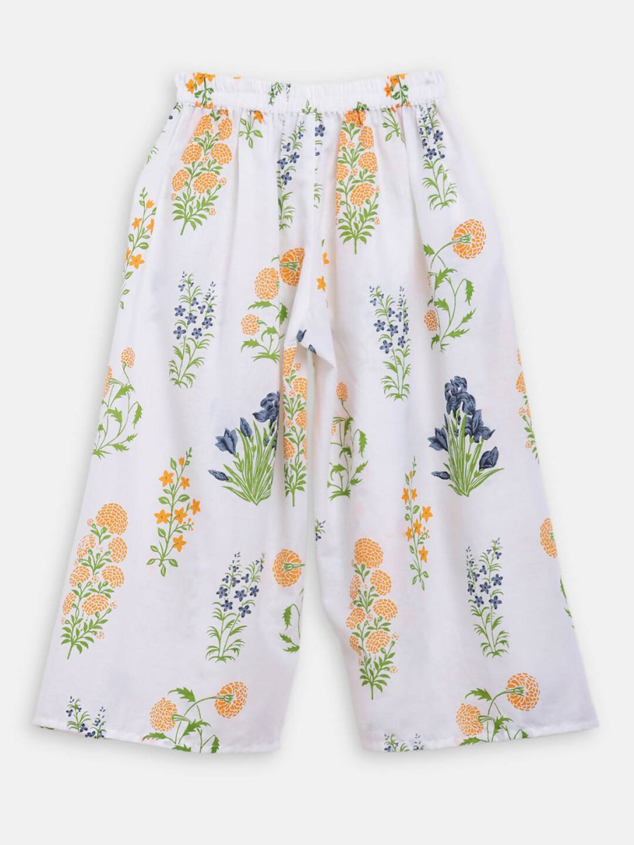 Ahalyaa Off White Cotton Printed Kids Top and Palazzo With Net Jacket For Girls | Swadesiicart