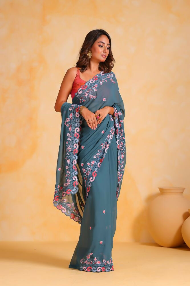 Vamsee Priya Blue Georgette Silk Saree - Swadesiicart