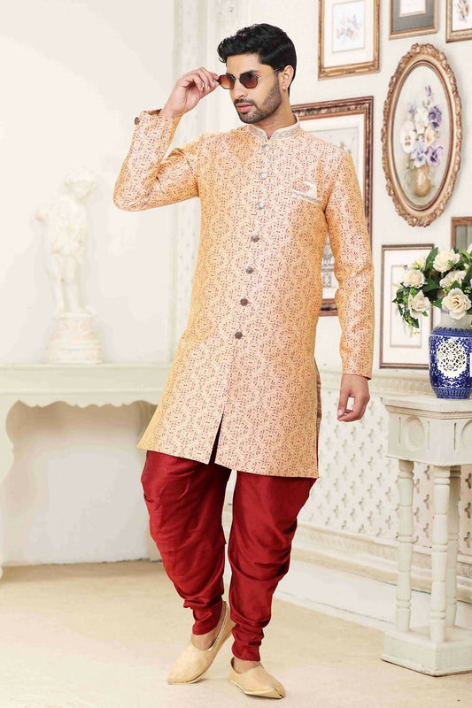 Raivat Ethnic Banarasi Jacquard Embroidery Semi Indo Western Sherwani In Cream Maroon Colour | Swadesiicart