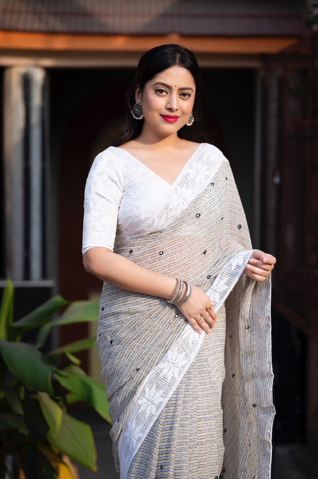 Grey Poly Georgette Ethnic Motifs Saree with Unstitched Blouse - Hiral Fashion | Swadesiicart