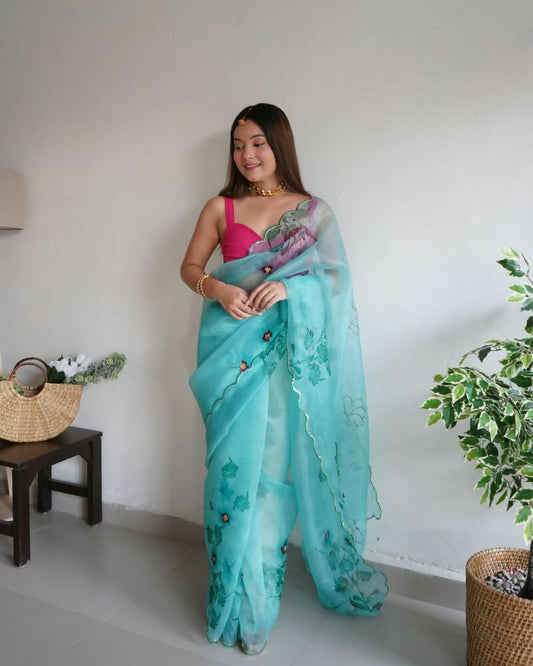 Vamsee Mudra Green Organza Saree - Swadesiicart