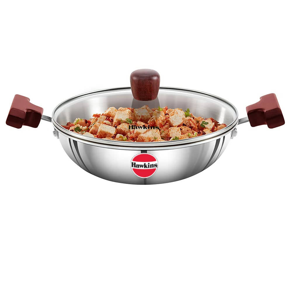 Hawkins Tri-Ply Stainless Steel Deep-Fry Pan with Glass Lid Silver (SSD15G) - Swadesiicart