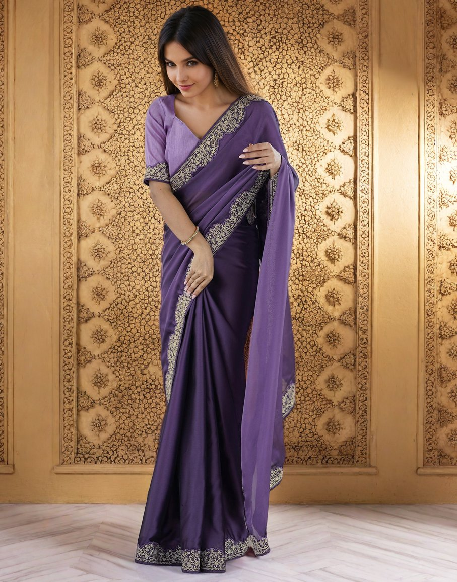 Lorenvalley Fashion Lavender Rangoli Silk with Coding Lace Work Saree with Blouse - Swadesiicart