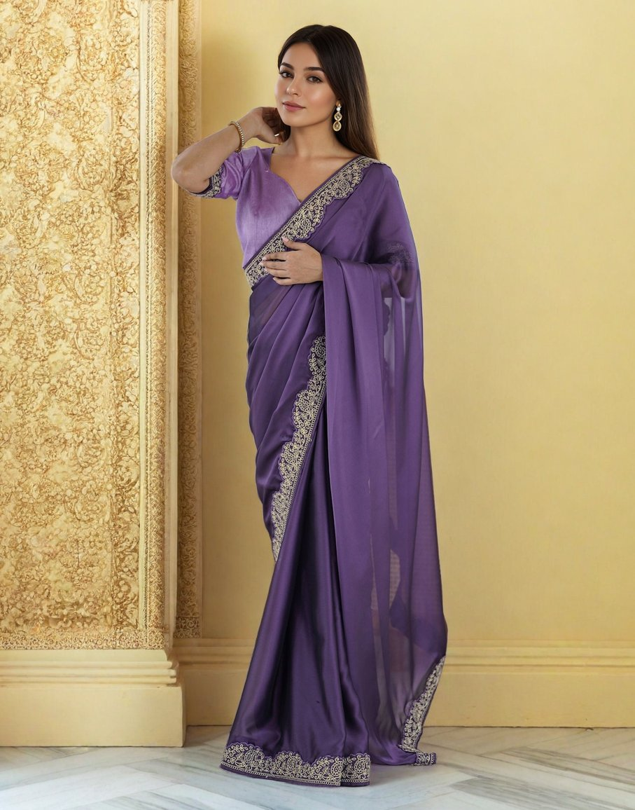 Lorenvalley Fashion Lavender Rangoli Silk with Coding Lace Work Saree with Blouse - Swadesiicart