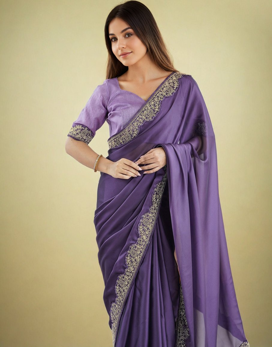 Lorenvalley Fashion Lavender Rangoli Silk with Coding Lace Work Saree with Blouse - Swadesiicart