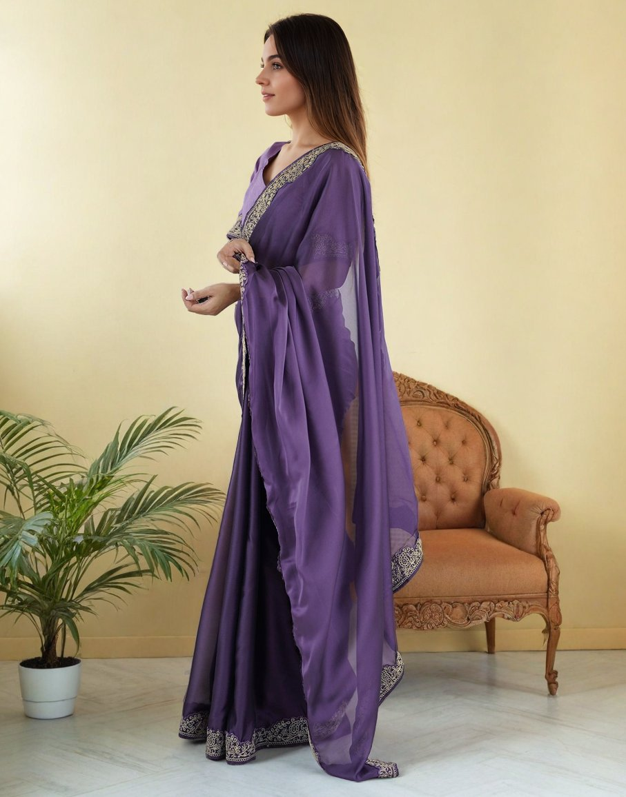 Lorenvalley Fashion Lavender Rangoli Silk with Coding Lace Work Saree with Blouse - Swadesiicart