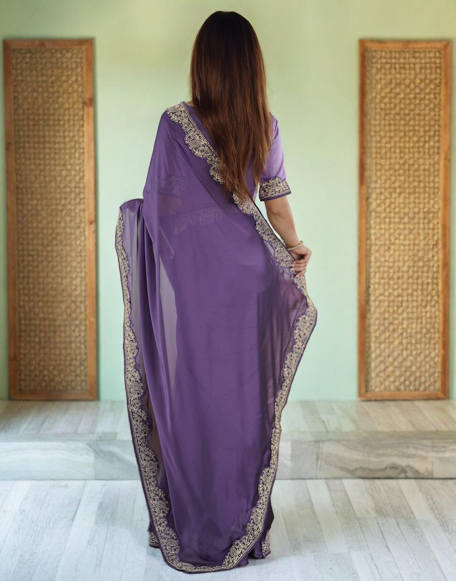 Lorenvalley Fashion Lavender Rangoli Silk with Coding Lace Work Saree with Blouse - Swadesiicart