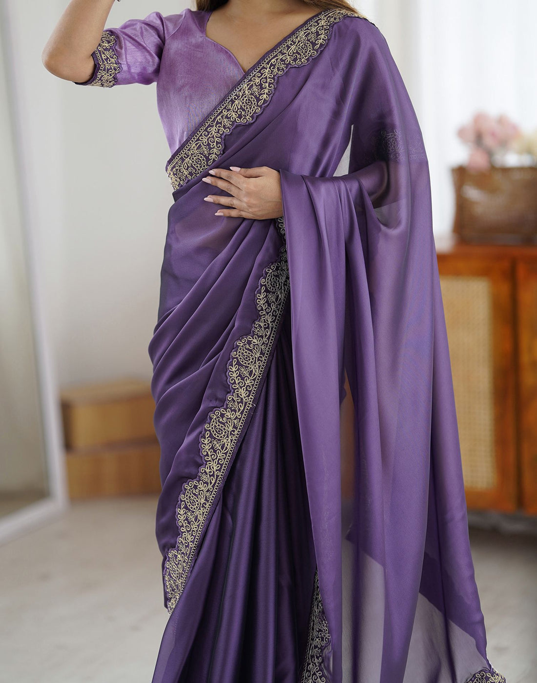 Lorenvalley Fashion Lavender Rangoli Silk with Coding Lace Work Saree with Blouse - Swadesiicart