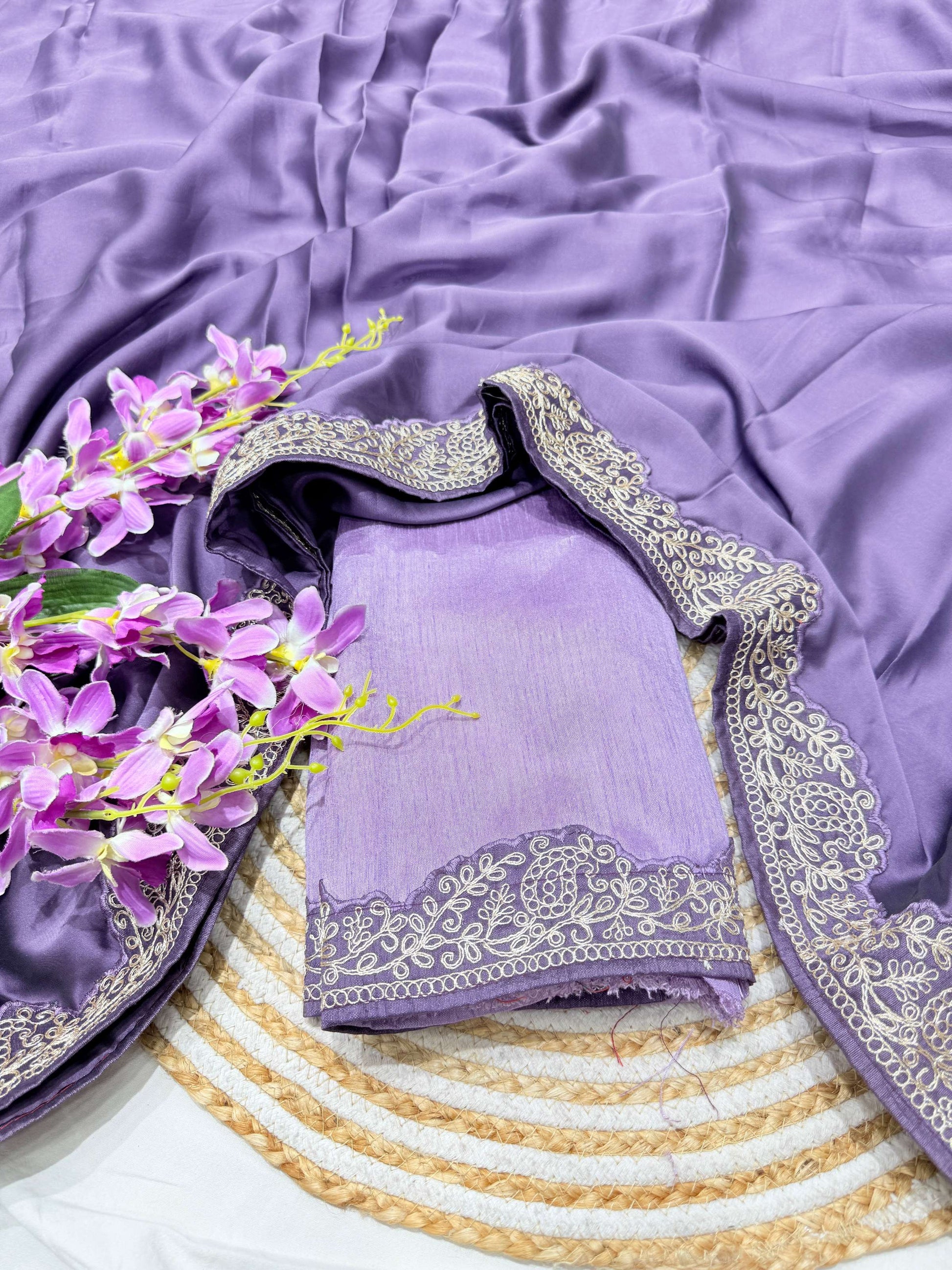 Lorenvalley Fashion Lavender Rangoli Silk with Coding Lace Work Saree with Blouse - Swadesiicart