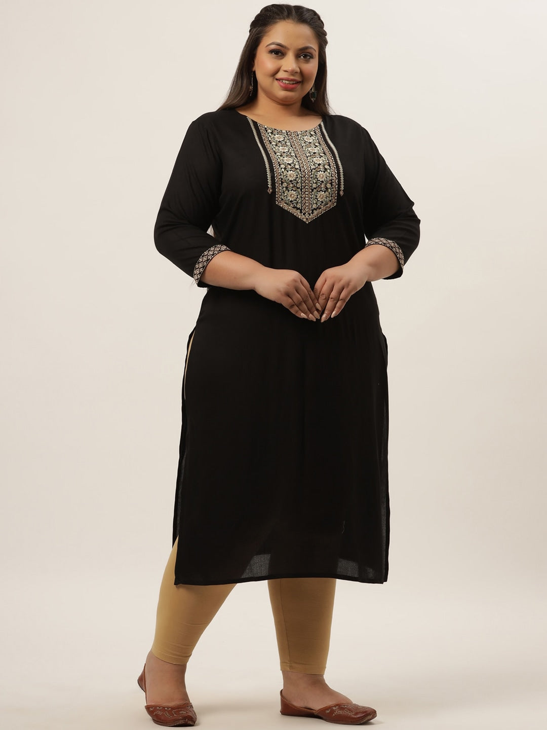 Yufta Black Embroidered Kurta Plus Size Women - Swadesiicart