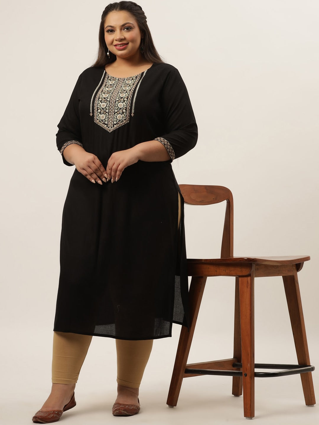 Yufta Black Embroidered Kurta Plus Size Women - Swadesiicart
