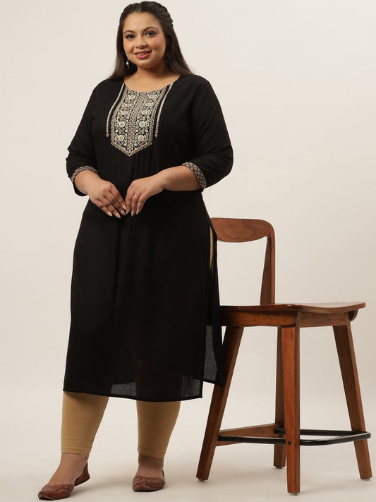 Yufta Black Embroidered Kurta Plus Size Women - Swadesiicart
