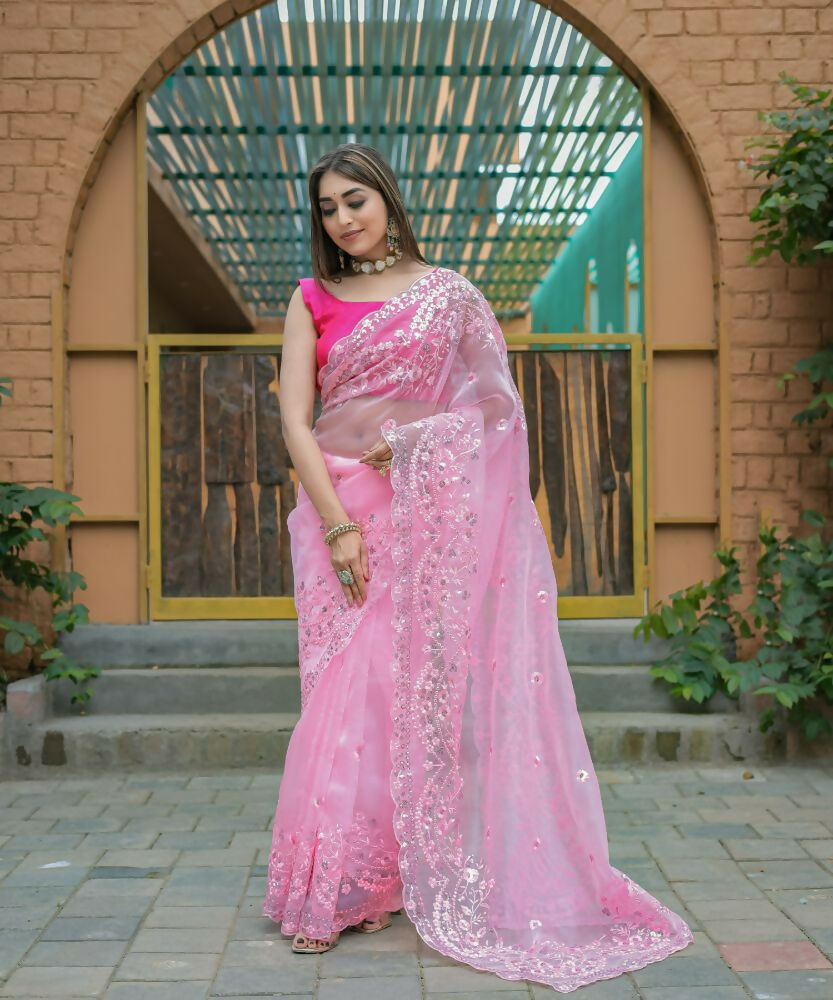 Vamsee Kiki Baby-Pink Organza Saree - Swadesiicart