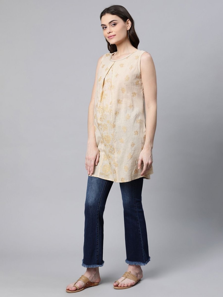 Ahalyaa Women Beige Pure Cotton Floral Printed Tunic | Swadesiicart