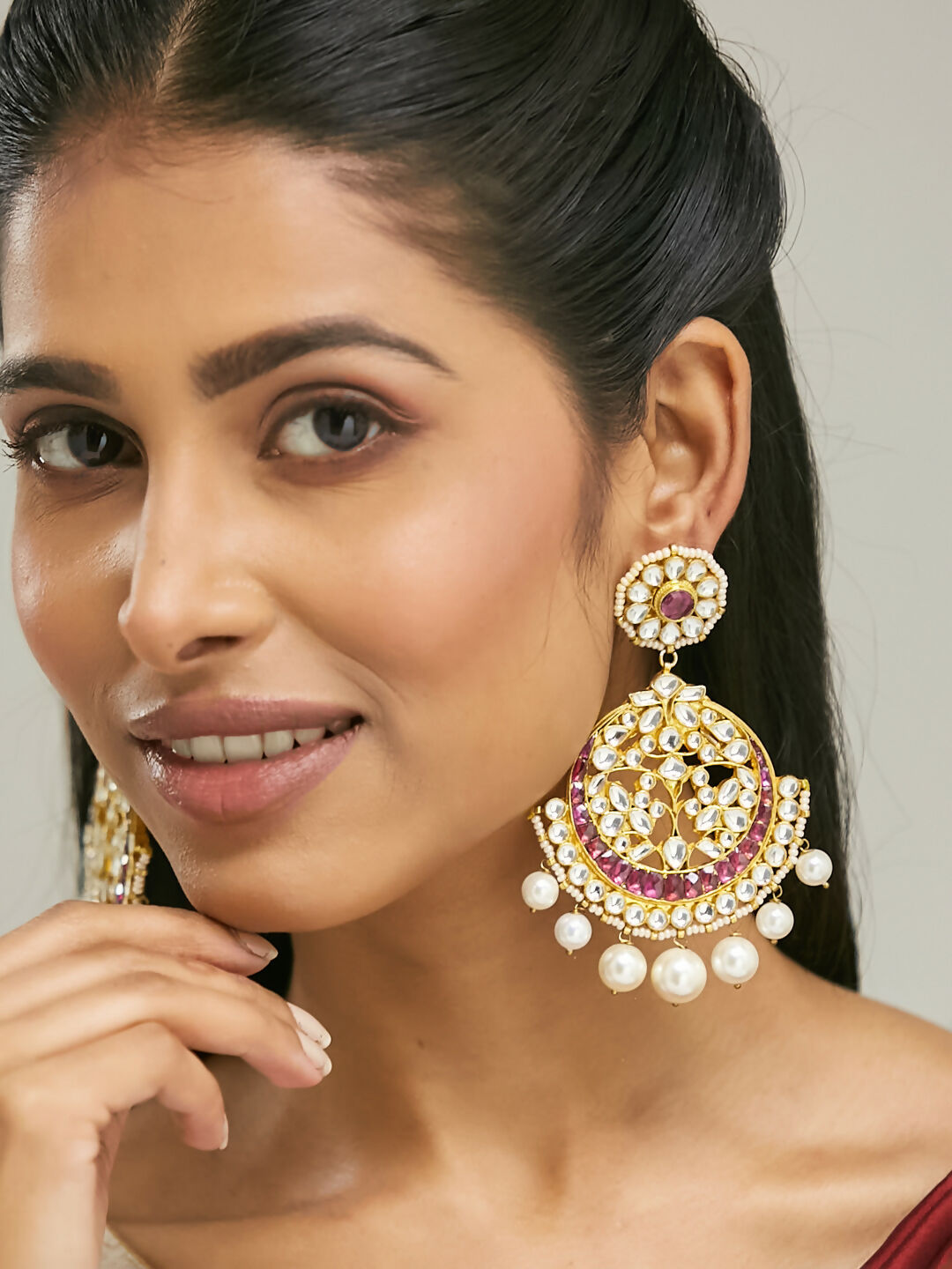 Nuyug 22K Gold-Plated Elegant Ruby & Kundan Stone Studded With Pearl Beaded Floral Chandbalis | Swadesiicart