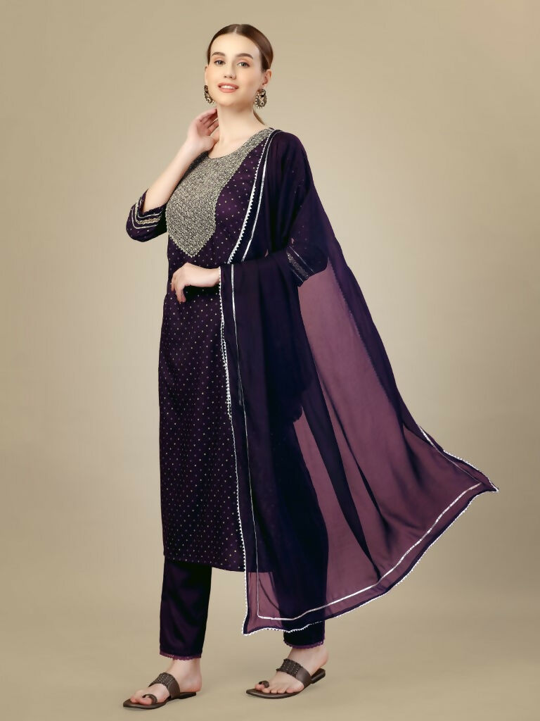Jyoti Fashion Women's Purple Silk Blend Embroidery & Sequence work Kurta with Trouser & Dupatta | Swadesiicart