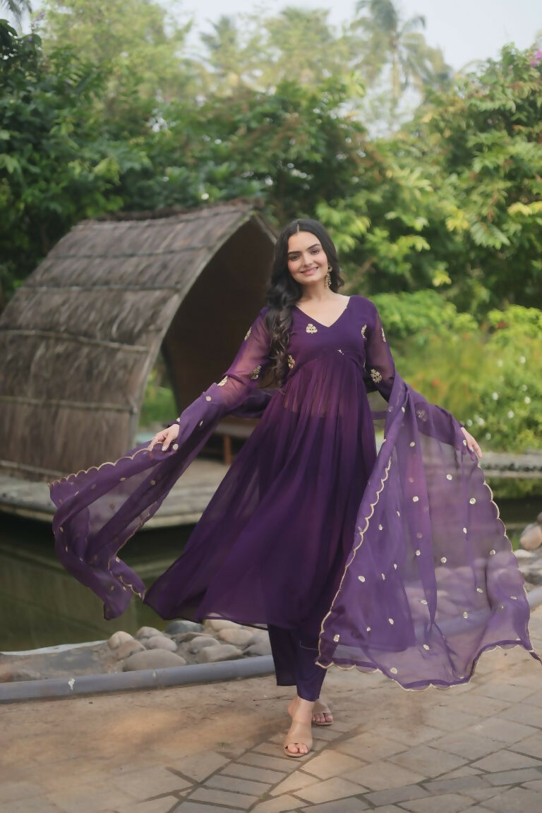 Jyoti Fashion Women's Wine Faux Blooming Embroidered Kurta with Trouser & Dupatta | Swadesiicart