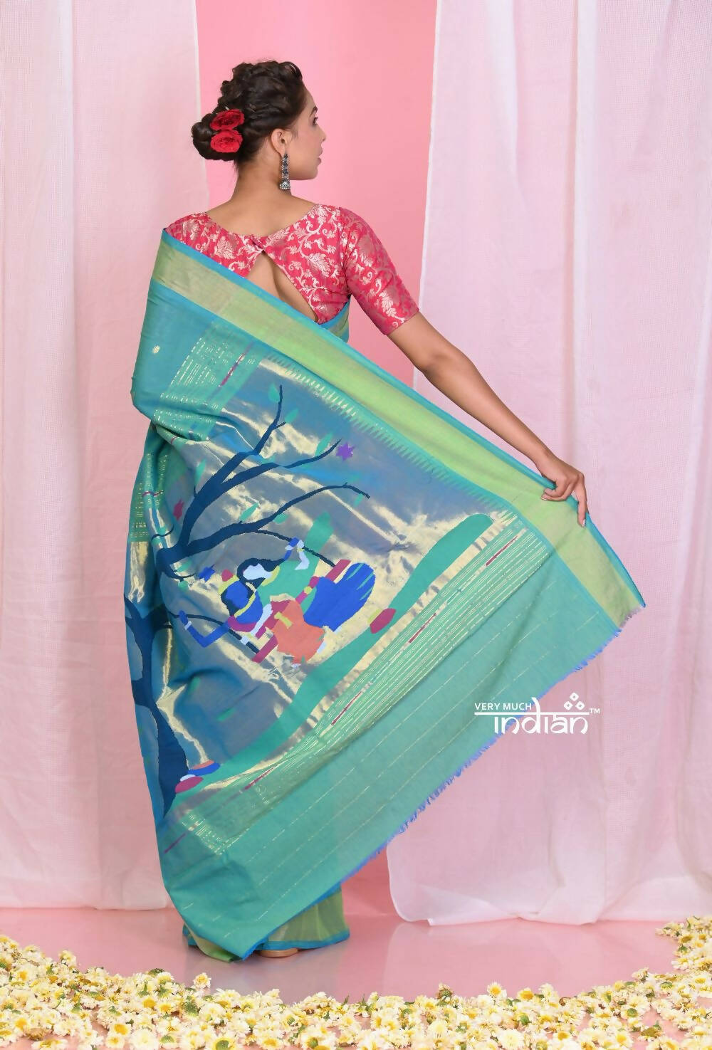 Very Much Indian Handloom Pure Cotton Paithani -Turquoise Blue | Swadesiicart