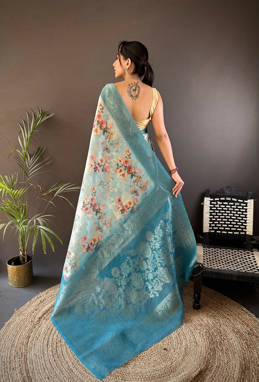 Joban Fashion Sky Blue Floral Motifs Banarasi Silk Sarees | Swadesiicart