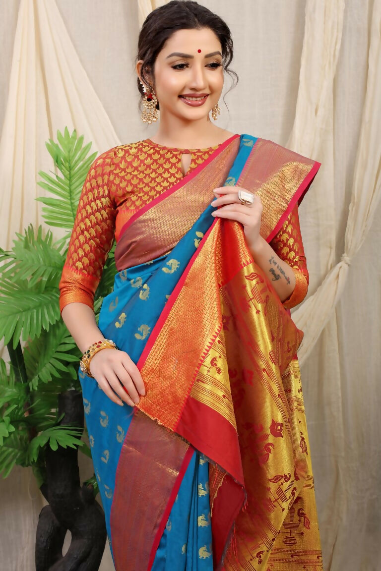 Jyoti Fashion Women's Firozi Banarasi Silk Zari Woven Saree with Blouse | Swadesiicart