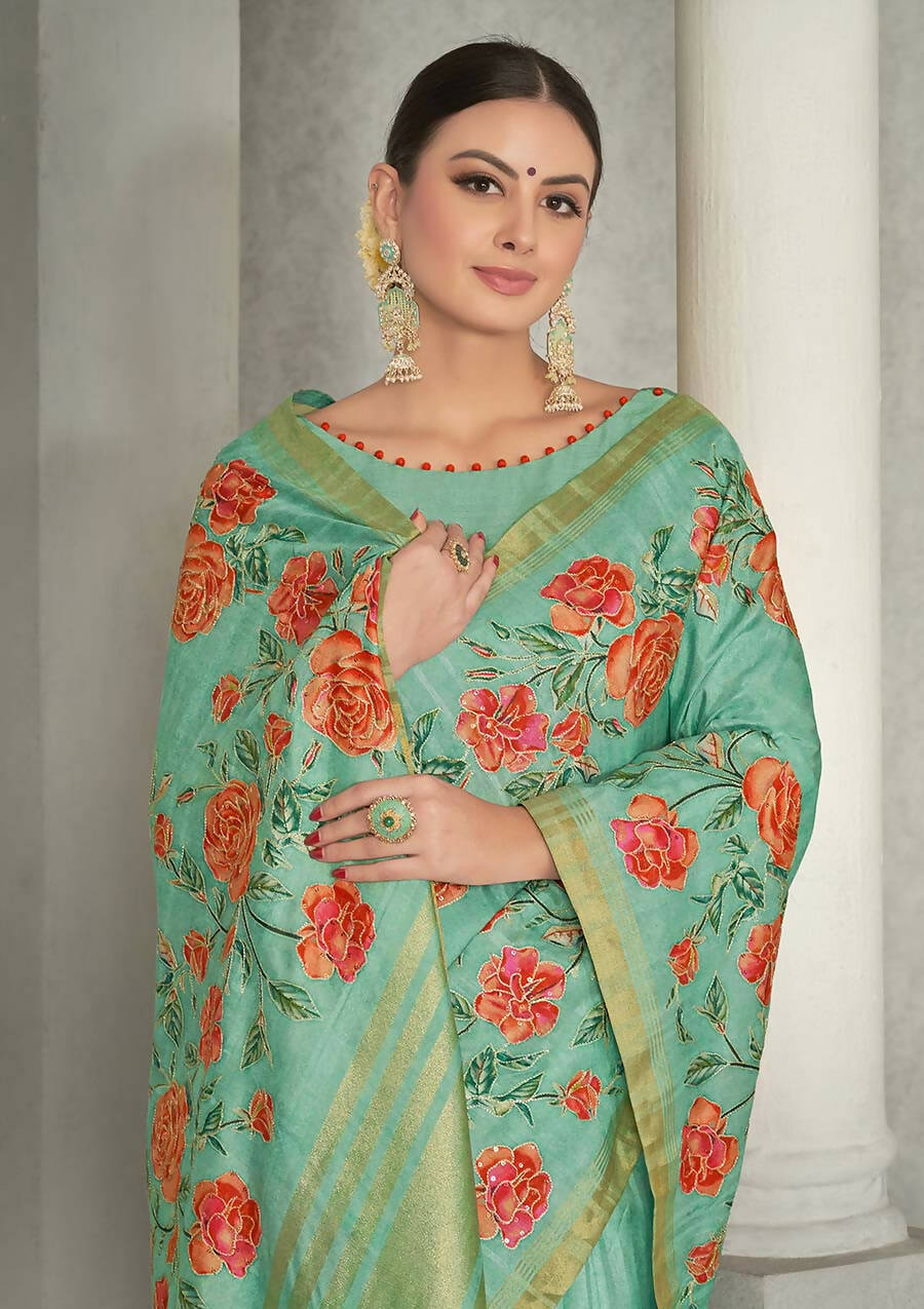 Sea Green Rangkat Tussar Silk Woven Design Saree with Unstitched Blouse - Mohmanthan Eshani | Swadesiicart