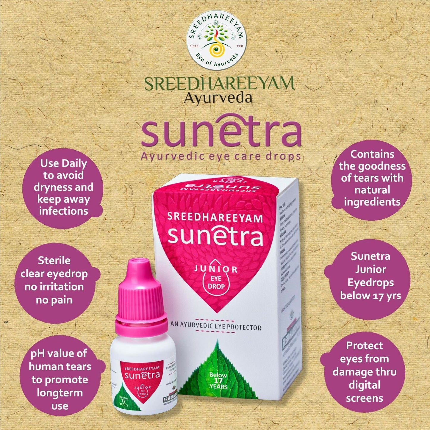 Sreedhareeyam Ayurveda Sunetra Junior Herbal Eye Drop (Below 17 yrs of age) | Swadesiicart