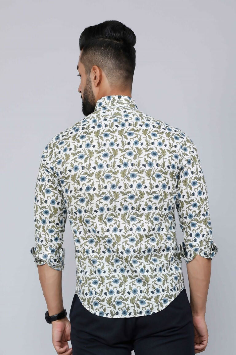 Miravan Men's White & Blue Floral Print Cotton Regular Fit Shirt | Swadesiicart