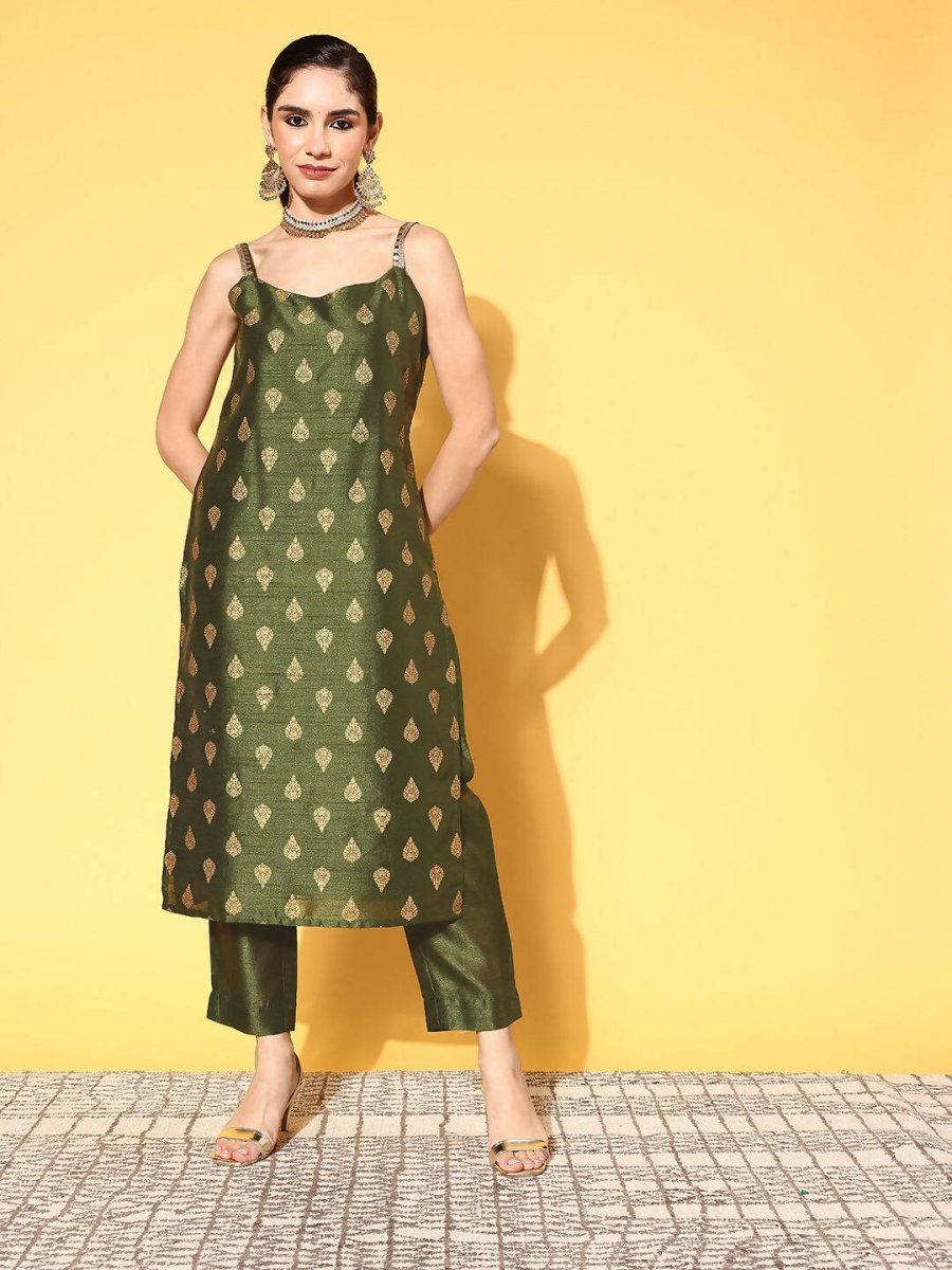 Ahalyaa Women's Olive Colour Poly Silk Gold Printed Kurta Pant Set | Swadesiicart
