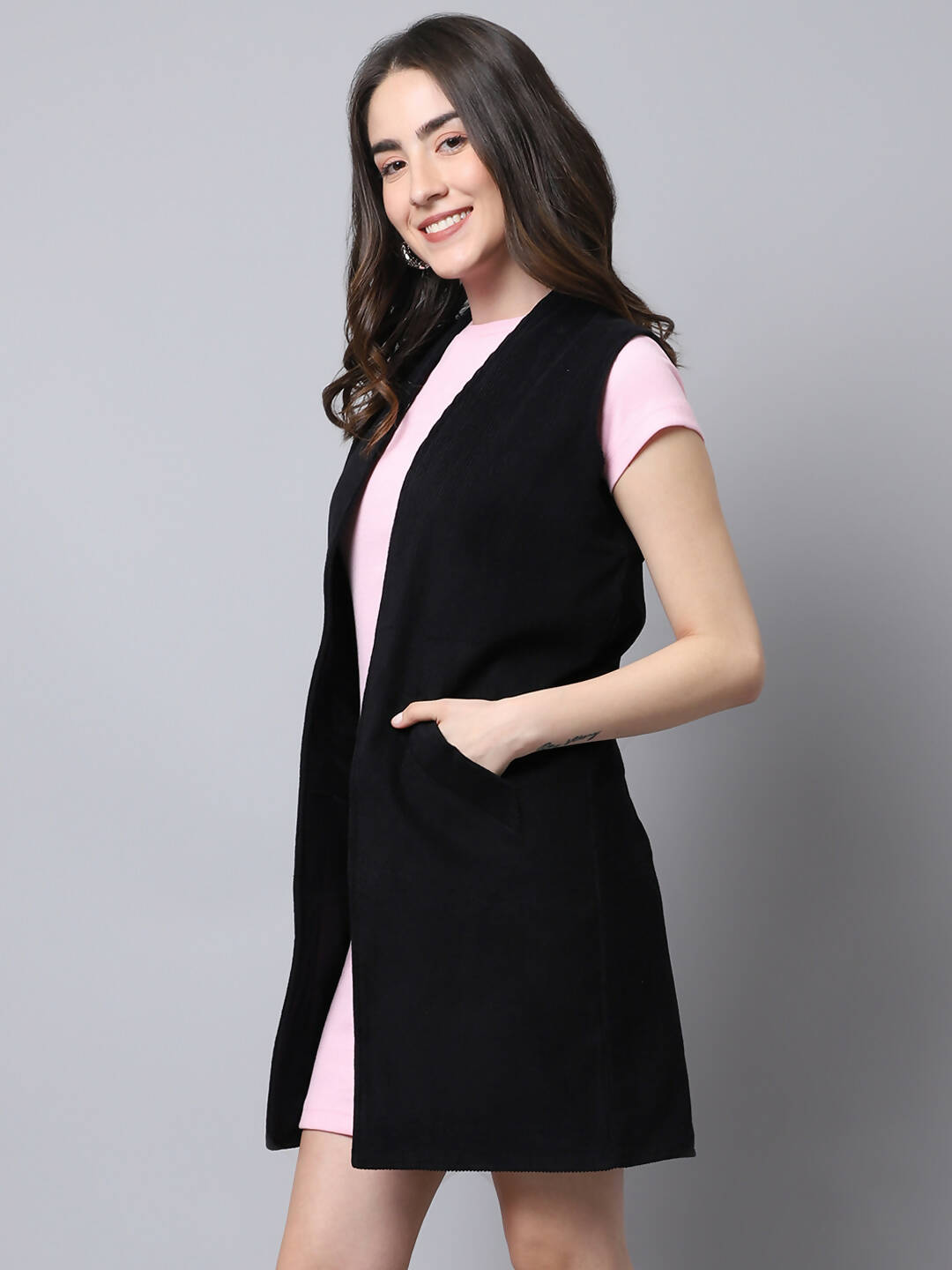 Even Apparels Black Polywool Open Front Corduroy Women's Long Coat | Swadesiicart
