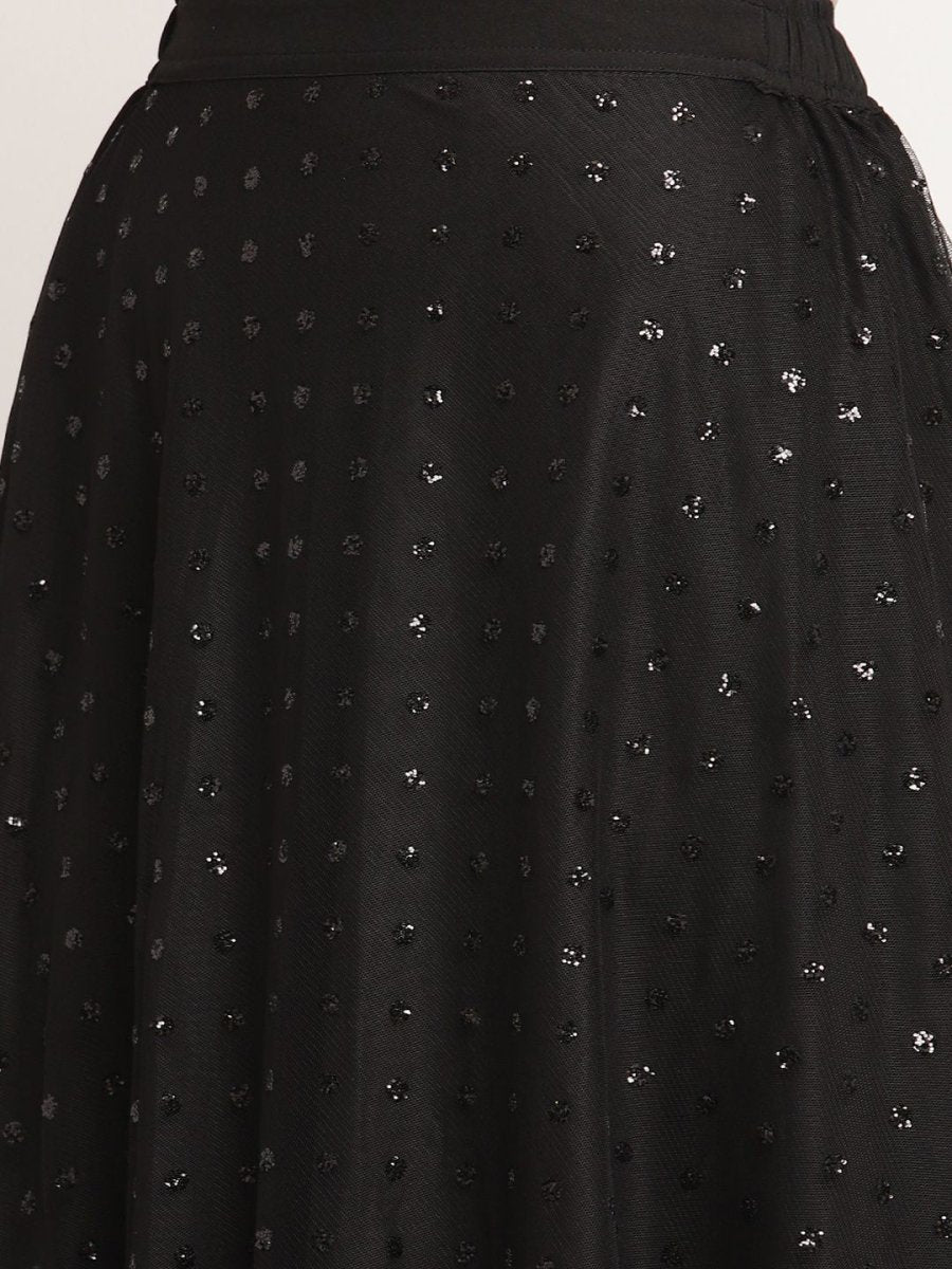 Ahalyaa Women's Black Net Glitter Print Top Skirt Set With Dupatta | Swadesiicart