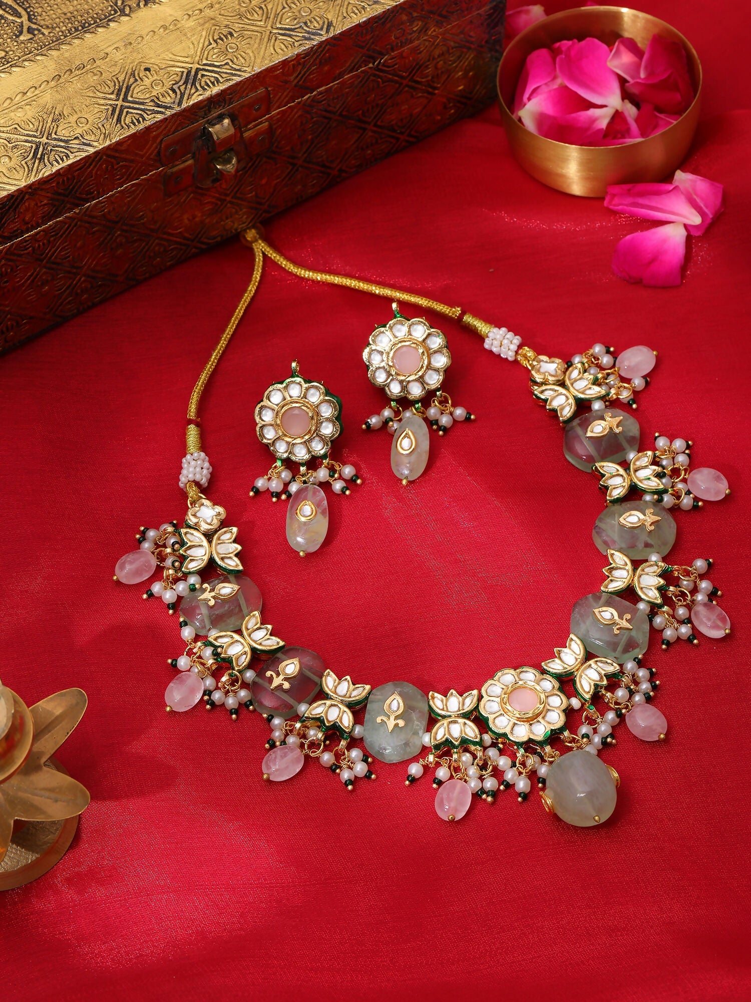 Ruby Raang Gold Polished Green Kundan And Mint Colored Stonework Necklace With Matching Earrings | Swadesiicart