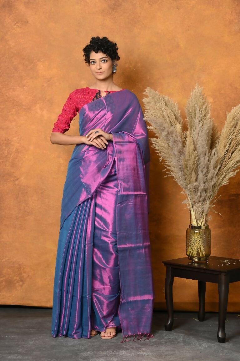 Very Much Indian Fusion Cotton Tissue Shimmer Saree - Dual Tone Purple | Swadesiicart