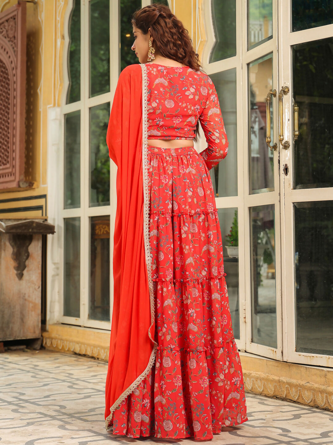 Janasya Red Georgette Floral Lehenga Choli Dupatta | Swadesiicart
