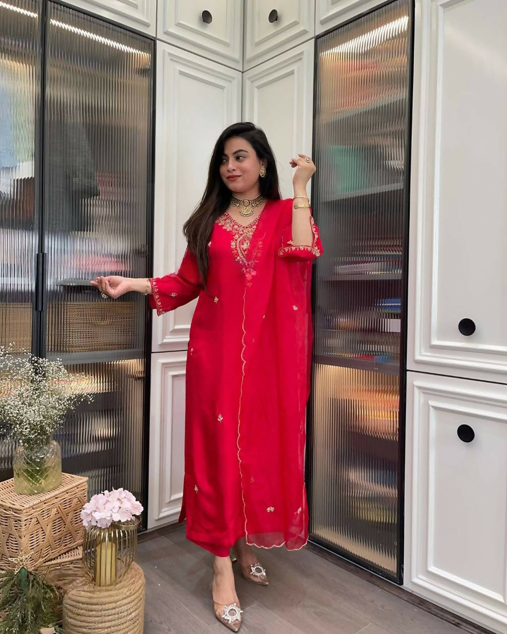 The52 Red Beautiful Embroidered Rayon Fabric Straight Kurta Pant with Dupatta Set - Swadesiicart
