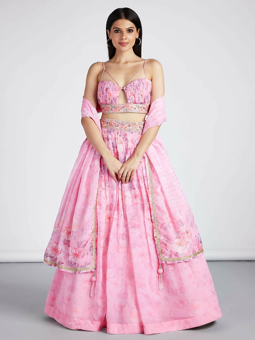 House of Panchhi Coral colour Organza Floral design digital print Semi-Stitched Lehenga choli & Dupatta | Swadesiicart