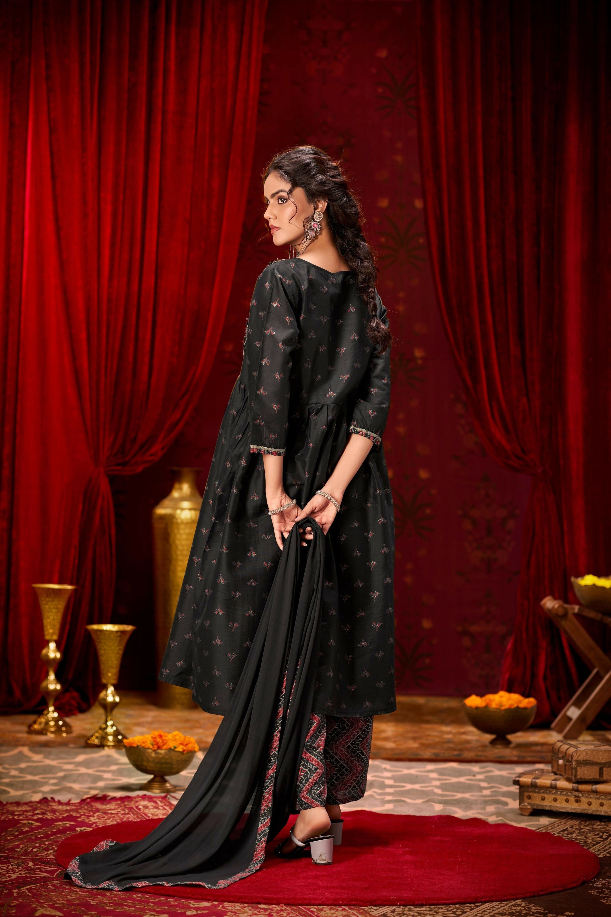 BulBul Black Ajrakh Print Chanderi Silk Kurta Set with Dupatta - Swadesiicart