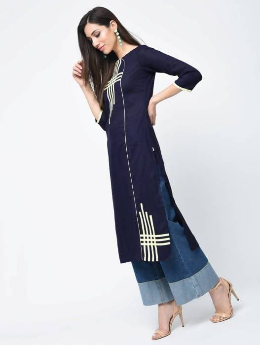 Aniyah Cotton Straight Kurta Blue Color With Patchwork (AN-106K) - Swadesiicart