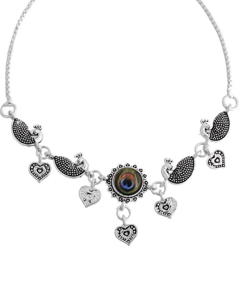 VOJ Set Of 2 Silver Plated Peacock Handcrafted Anklets - Swadesiicart