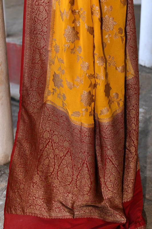 Joban Fashion Yellow Crepe Chiffon Pure Handloom Banarasi Silk Saree | Swadesiicart