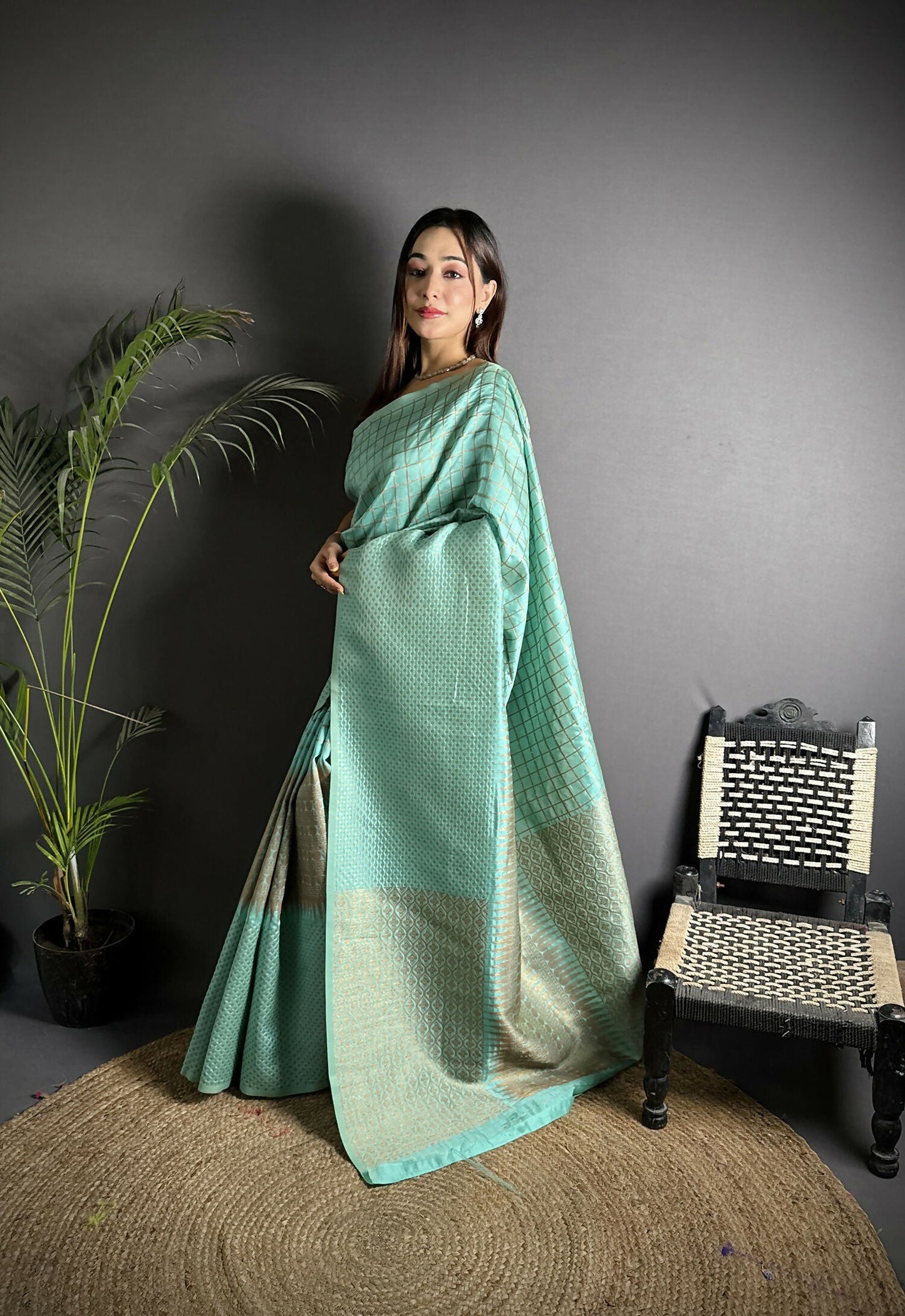 Joban Fashion Light Blue Banarasi Soft Lichi Silk Checks & Woven Saree | Swadesiicart