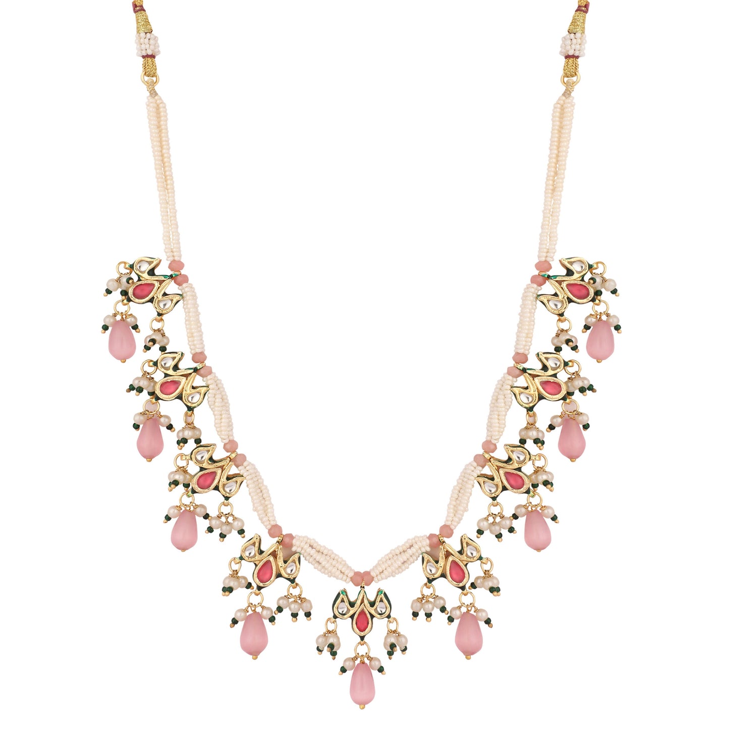 Nuyug 22K Gold Plated Pearl Empress Flora Pink Stone Drops Necklace Set | Swadesiicart