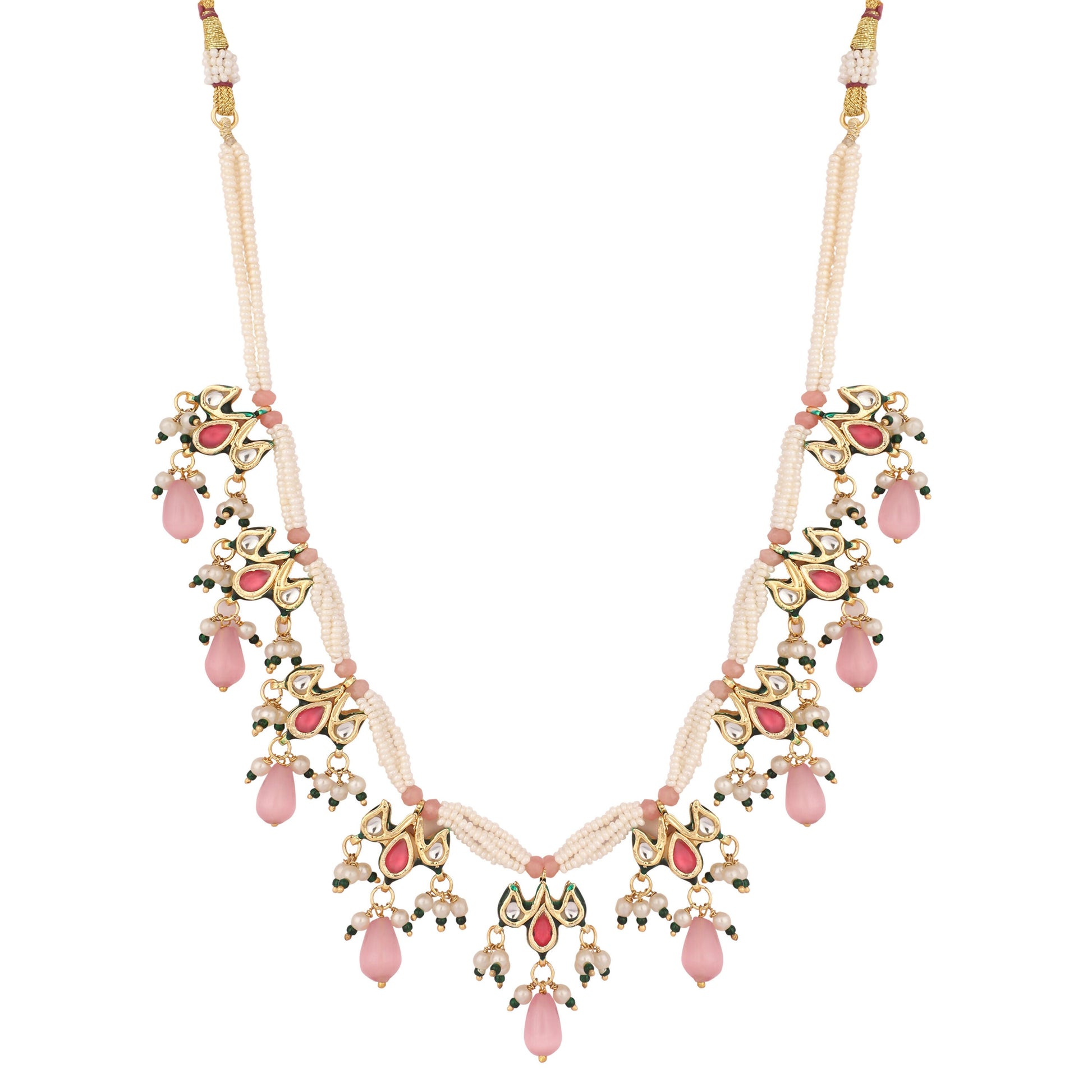 Nuyug 22K Gold Plated Pearl Empress Flora Pink Stone Drops Necklace Set | Swadesiicart