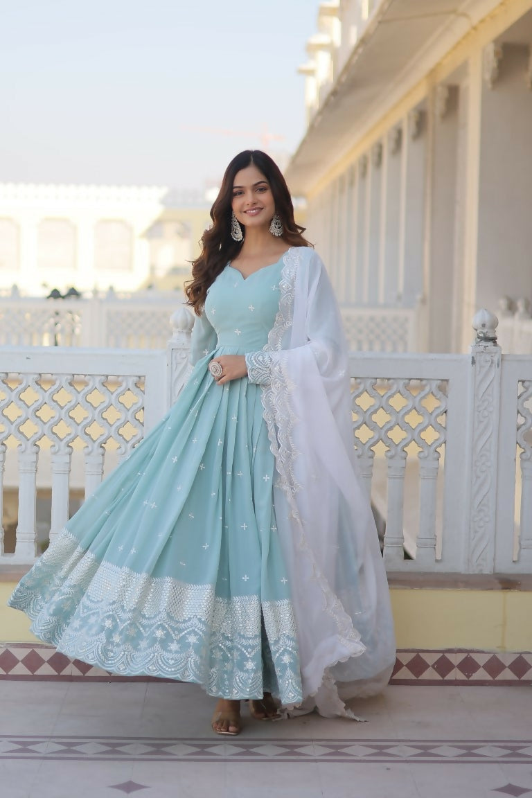 Jyoti Fashion Women's Turquoise Faux Georgette Sequins Thread Embroidery Anarkali Dress with Dupatta | Swadesiicart
